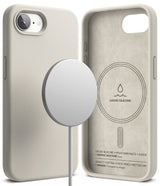 iPhone 16e Case | Silicone Magnetic - Beige silicone phone case with magnetic charger and suede-lined interior.