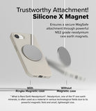 iPhone 16e Case | Silicone Magnetic - A beige phone case magnetically attached to a charger versus a falling phone.