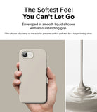 iPhone 16e Case | Silicone Magnetic - Hand holding a beige silicone phone case next to liquid silicone pouring.