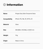 iPhone 17e / 16e Screen Protector | Easy Slide Tempered Glass - iPhone 17e / 16e Screen Protector - Information table listing product name, compatibility, material, size, and weight.