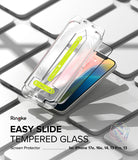 iPhone 17e / 16e Screen Protector | Easy Slide Tempered Glass - iPhone 17e / 16e Screen Protector - Clear installation frame with green guide stickers hovering over an iPhone screen.