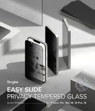 iPhone 17e / 16e Screen Protector | Easy Slide Privacy Tempered Glass - iPhone 17e / 16e Screen Protector - Privacy tempered glass being applied to a smartphone screen on a minimalist surface.