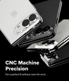 iPhone Duo | Camera Full Cover Tempered Glass (2P) - Three smartphone cases shown at an angle on a black background, with one silver case on top and two black cases below. Large white text reads 'CNC Machine Precision' and smaller text says 'For a perfect fit without room for error.