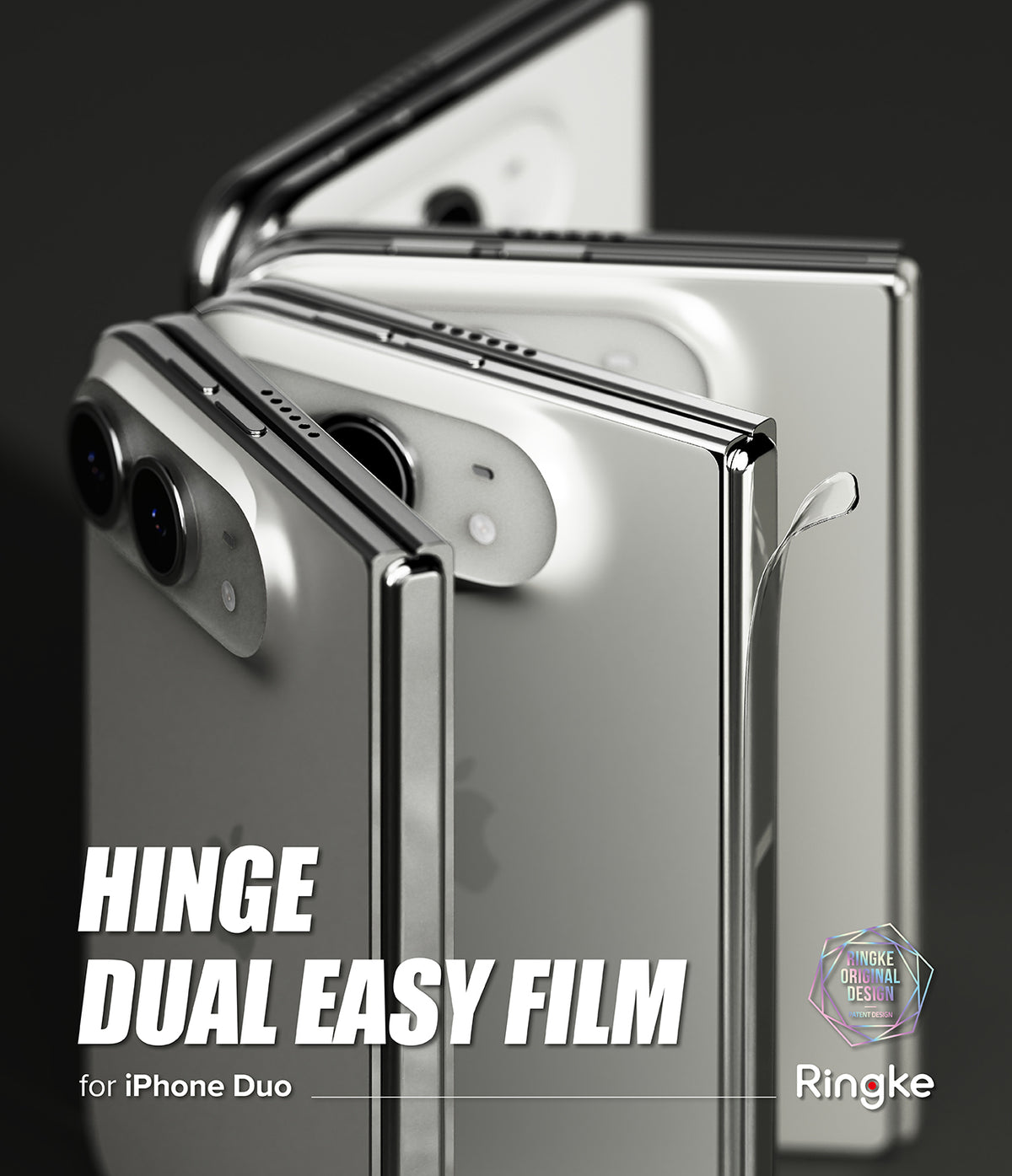 iPhone Duo | Hinge Dual Easy Film (2P) - Three silver smartphones shown closed with the back and hinge side visible, arranged in a clean studio composition on a dark background. Large text reads 'HINGE DUAL EASY FILM for iPhone Duo,' and the Ringke logo appears in the lower right.