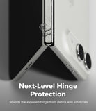 iPhone Duo | Hinge Dual Easy Film (2P) - Close-up of a foldable smartphone hinge area with a transparent protective cover applied, shown against a white and gray background with the text 'Next-Level Hinge Protection' and 'Shields the exposed hinge from debris and scratches.'.