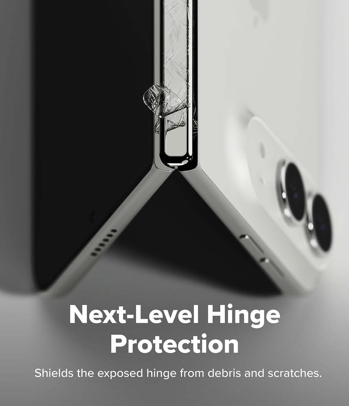 iPhone Duo | Fusion Magnetic + Hinge (2P) all-groups - Close-up of a foldable smartphone hinge area with a transparent protective cover applied, shown against a white and gray background with the text 'Next-Level Hinge Protection' and 'Shields the exposed hinge from debris and scratches.'.