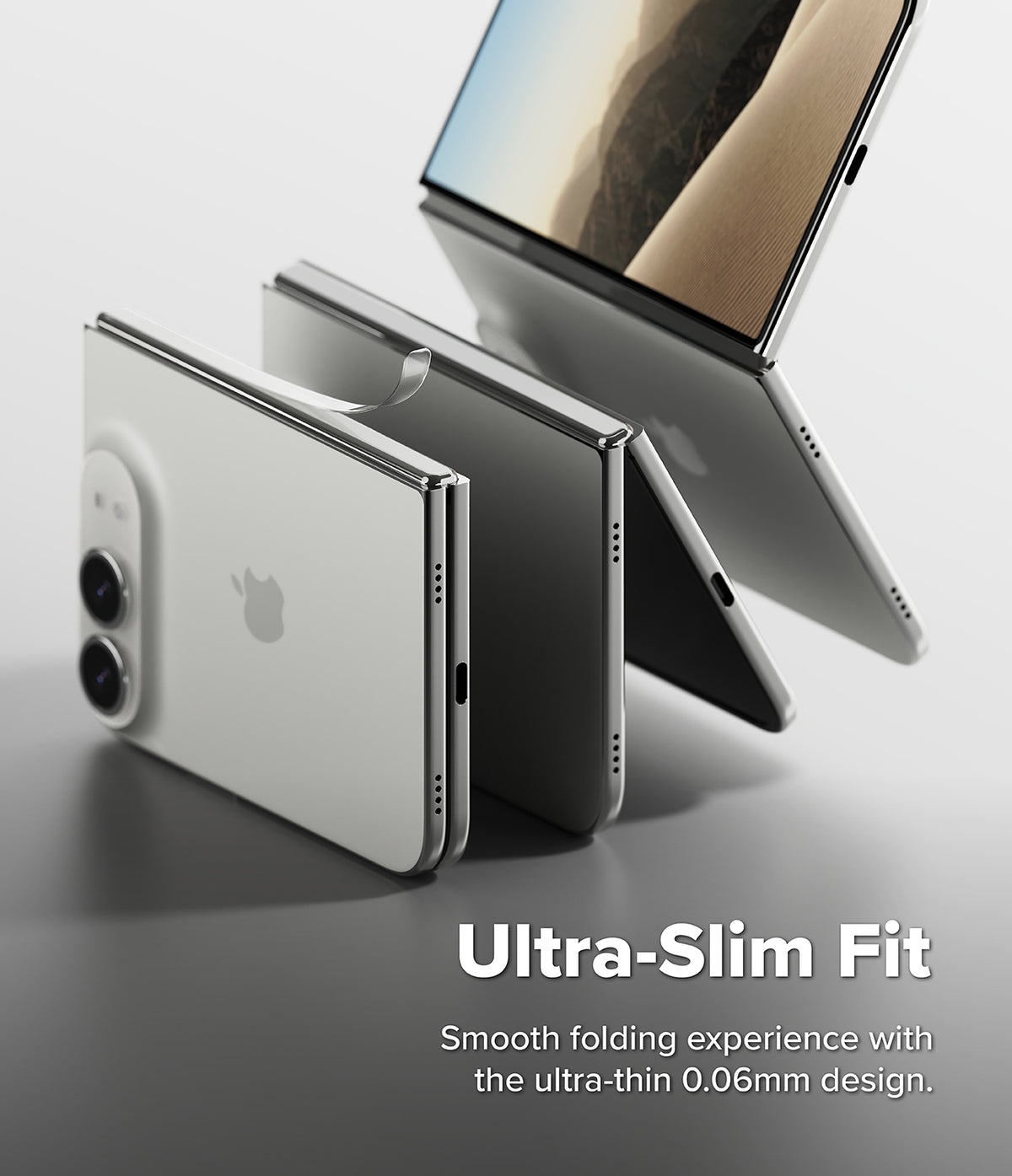 iPhone Duo | Fusion Magnetic + Hinge (2P) all-groups - Three views of a slim foldable smartphone shown on a clean light gray studio background, with text reading 'Ultra-Slim Fit' and smaller copy below. No person, animal, or real environment is present, so this is Product/Packaging rather than Lifestyle.