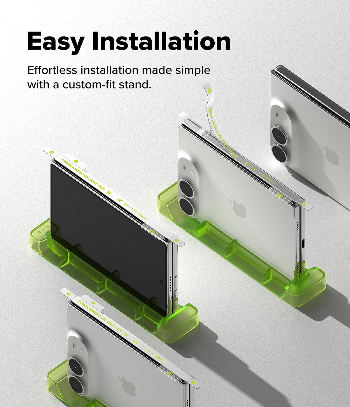 iPhone Duo | Hinge Dual Easy Film (2P) - Three smartphones shown from different angles resting on translucent bright green custom-fit phone stands, with marketing text at the top reading 'Easy Installation' and 'Effortless installation made simple with a custom-fit stand.'.