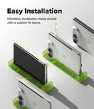 iPhone Duo | Fusion Magnetic + Hinge (2P) all-groups - Three smartphones shown from different angles resting on translucent bright green custom-fit phone stands, with marketing text at the top reading 'Easy Installation' and 'Effortless installation made simple with a custom-fit stand.'.
