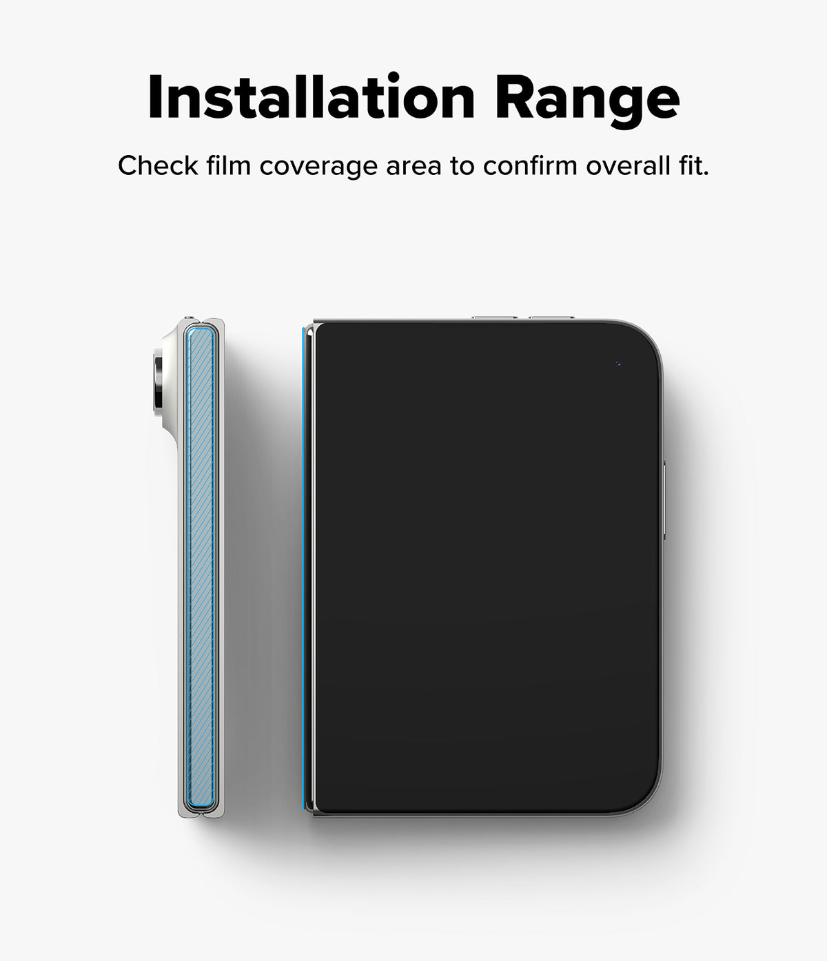 iPhone Duo | Fusion Magnetic + Hinge (2P) all-groups - A smartphone shown from the back and side on a light gray background, with the text 'Installation Range' and 'Check film coverage area to confirm overall fit.' above it.