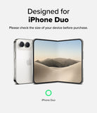 iPhone Duo | Hinge Dual Easy Film (2P) - A clear protective case shown on a silver iPhone, with the phone displayed alongside a folded smartphone screen showing a desert landscape wallpaper. Text at the top reads 'Designed for iPhone Duo' and 'Please check the size of your device before purchase.
