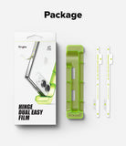 iPhone Duo | Hinge Dual Easy Film (2P) - Ringke Hinge Dual Easy Film package set on a light gray background, featuring the retail box, a translucent lime green hinge protector, and two white adhesive strips with green text.