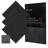 Microfiber Cleaning Cloth [Large] - Three black microfiber cloths with Lupin branding next to a branded retail package.