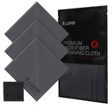 Microfiber Cleaning Cloth [Large] - Three gray microfiber cloths stacked beside a black branded packaging pouch.