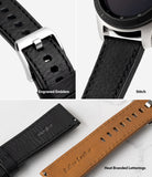 Watch Lug 20mm | Leather One Classic Band - Close-ups of black leather watch band showing buckle, stitching, and branded Italian leather.