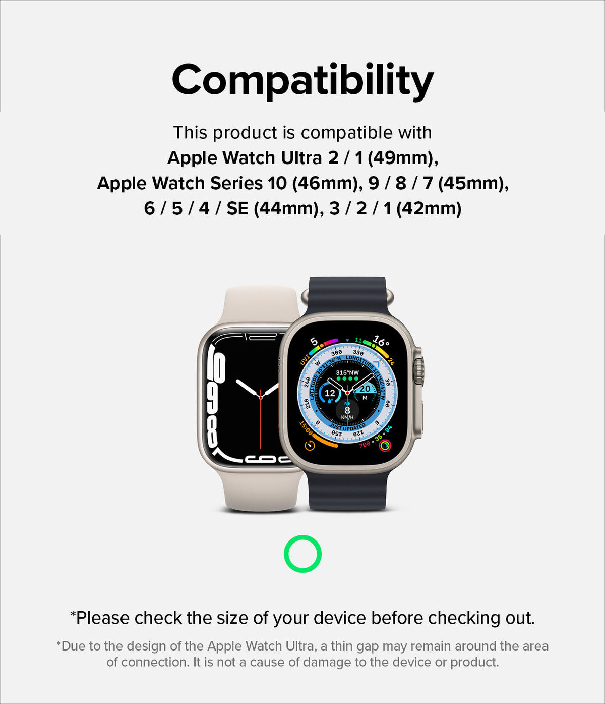 Apple Watch 49·46·45·44·42 mm | Metal One Band - Compatibility chart listing Apple Watch sizes and two watch models.