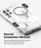 Ringke Magnetic Plate - A clear phone case with a gray magnetic ring being aligned using a printed installation guide.