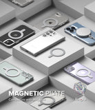 Ringke Magnetic Plate - Various smartphones with clear cases and white magnetic rings arranged on gray geometric blocks.