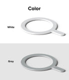 Ringke Magnetic Plate - Two circular magnetic rings with tabs, shown in white and gray color options against a split background.