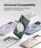 Ringke Magnetic Plate - Multiple smartphones with clear cases and white adhesive magnetic rings attached for MagSafe compatibility.