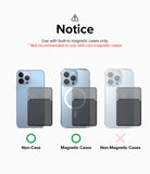 Card Holder | Magnetic Stand Slot - Compatibility guide showing magnetic card holder usage on phones with and without cases.
