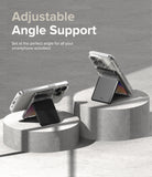 Card Holder | Magnetic Stand Slot - Two smartphones in clear cases propped up on concrete pedestals using black magnetic stands.