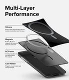 Card Holder | Magnetic Stand Slot - Exploded view showing silicone, magnetic ring, PC frame, and card holder layers.