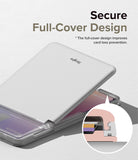 Card Holder | Magnetic Stand Slot - A silver magnetic card holder with a full-cover design and a diagram showing its secure latch.