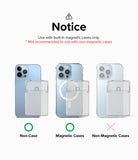 Card Holder | Magnetic Stand Slot - Compatibility guide showing magnetic card holder usage on phones with and without cases.
