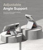 Card Holder | Magnetic Stand Slot - Two smartphones in clear cases propped up on gray cylindrical pedestals using magnetic stands.