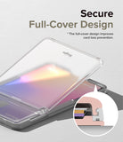 Card Holder | Magnetic Stand Slot - Clear card holder with a secure, full-cover flap and a diagram showing the locking mechanism.