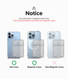 Card Holder | Magnetic Stand Slot - Compatibility guide showing magnetic card holder usage on phones with and without cases.