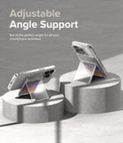 Card Holder | Magnetic Stand Slot - Two clear phone cases with magnetic stands propped up on concrete pedestals.