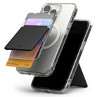 Card Holder | Magnetic Stand Slot - Black magnetic card holder attached to a clear phone case, displaying three cards.