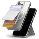 Card Holder | Magnetic Stand Slot - Clear phone case with a magnetic card holder stand holding three colorful cards.