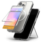 Card Holder | Magnetic Stand Slot - Clear magnetic card holder attached to a phone case with cards fanned out and a kickstand.