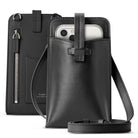 Mini Cross Bag | PU Leather - Black leather crossbody phone pouch with a strap, featuring a front pocket and a zippered back.