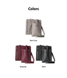 Mini Cross Bag | PU Leather - Three PU leather mini crossbody bags in warm gray, burgundy, and black with zippered back pockets.
