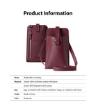 Mini Cross Bag | PU Leather - Two burgundy PU leather mini cross bags shown from front and back with product specifications.