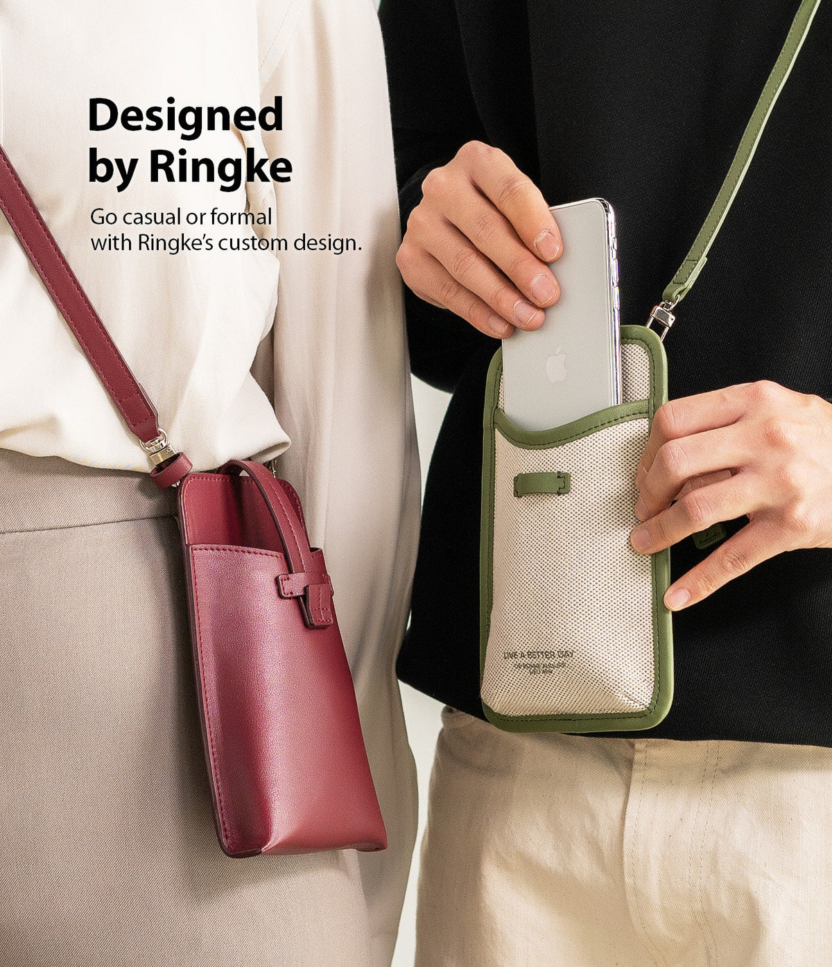 Mini Cross Bag | PU Leather - Two people wearing crossbody phone bags in maroon leather and green canvas styles.
