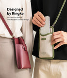 Mini Cross Bag | PU Leather - Two people wearing crossbody phone bags in maroon leather and green canvas styles.