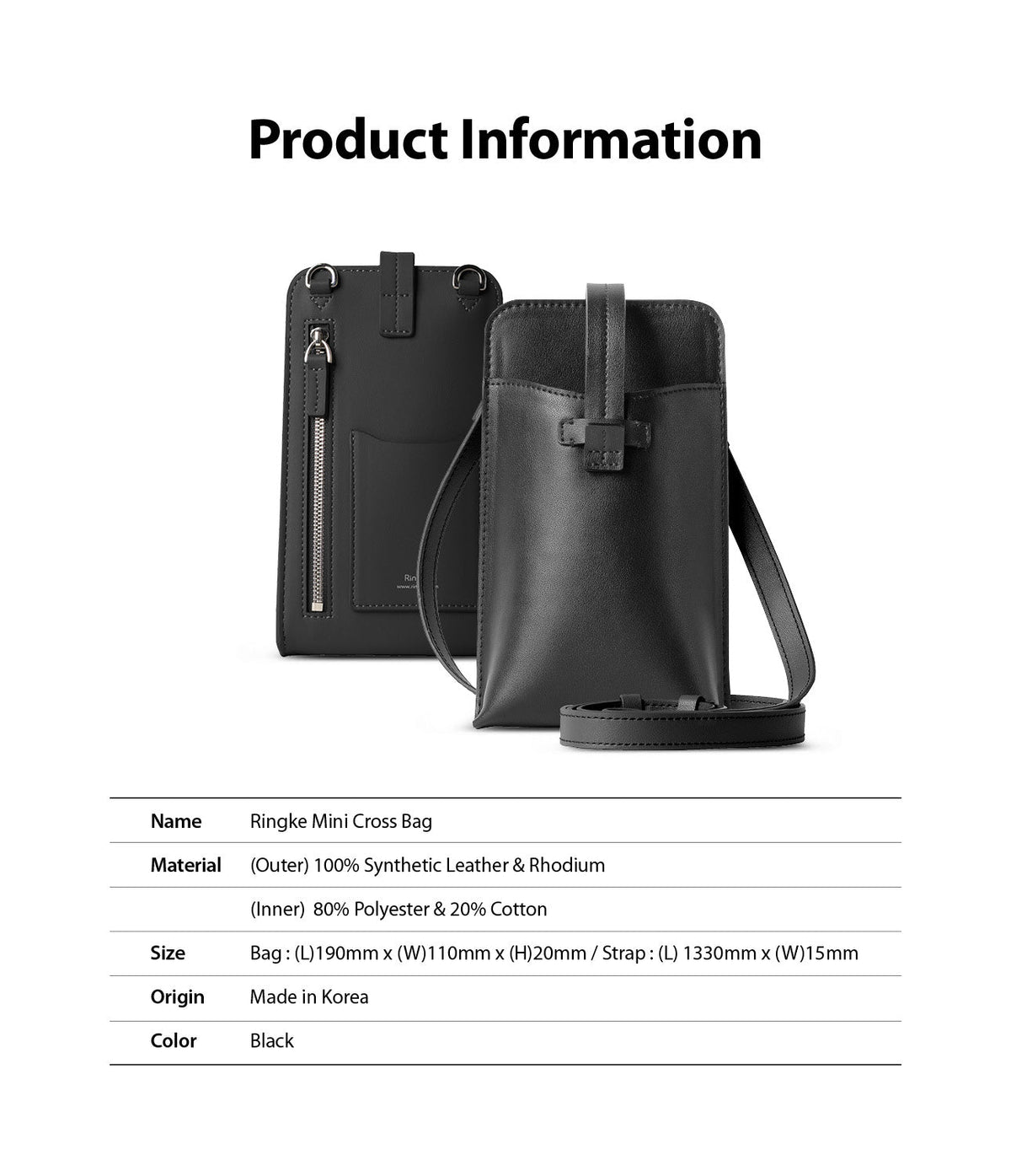Mini Cross Bag | PU Leather - Two black PU leather mini cross bags shown from front and back with product specifications below.