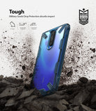 Redmi K30 Case | Fusion-X - Blue protective phone case standing in dirt with military-grade drop protection icons.
