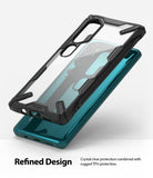 Mi Note 10 / 10 Pro Case | Fusion-X - A clear phone case with a rugged black bumper hovering over a teal smartphone.