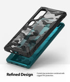 Mi Note 10 / 10 Pro Case | Fusion-X - Rugged black phone case with camo pattern hovering over a teal smartphone.