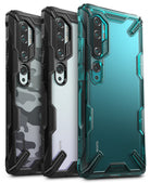 Mi Note 10 / 10 Pro Case | Fusion-X - Three Mi Note 10 phones in camouflage, clear, and teal Fusion-X protective cases.