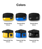 Mini Pouch Tarpaulin | Roll Top - Six mini pouches in yellow, blue, and black, featuring brick and roll-top styles with labels.