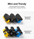 Mini Pouch Tarpaulin | Roll Top - Yellow, black, and blue brick and roll-top mini pouches displayed against a white background.