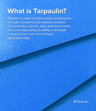 Mini Pouch Tarpaulin | Roll Top - Blue tarpaulin material with a textured, woven surface and text explaining its durability.