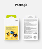 Mini Pouch Tarpaulin | Roll Top - Packaging showing yellow, blue, and black mini pouches with product details and specs.